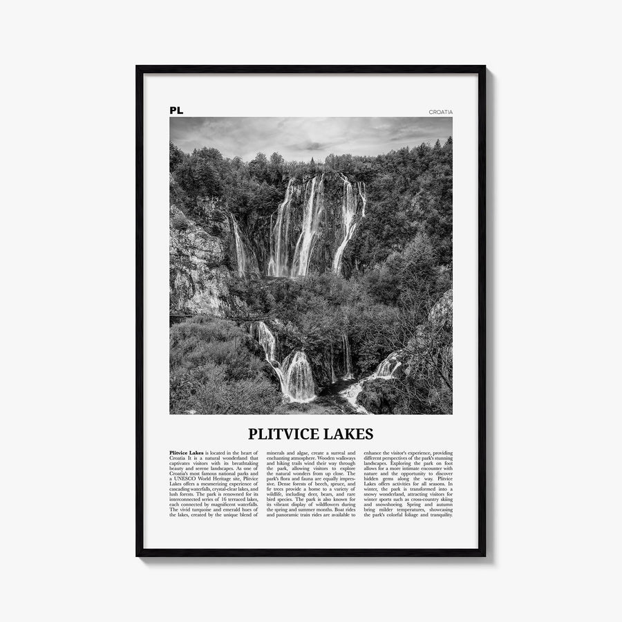 Plitvice Lakes black & white newspaper poster of Croatia – vertical wall art, unframed print shown in interior mockup