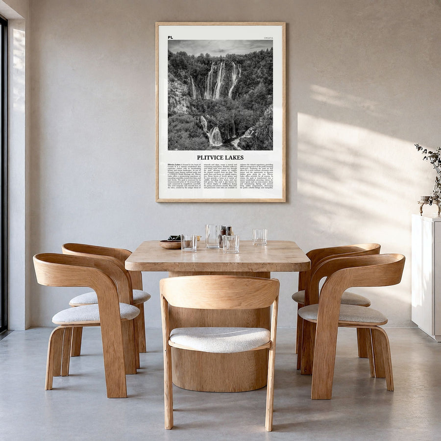 Plitvice Lakes Newspaper Poster in a natural wood frame, hanging in a dining room
