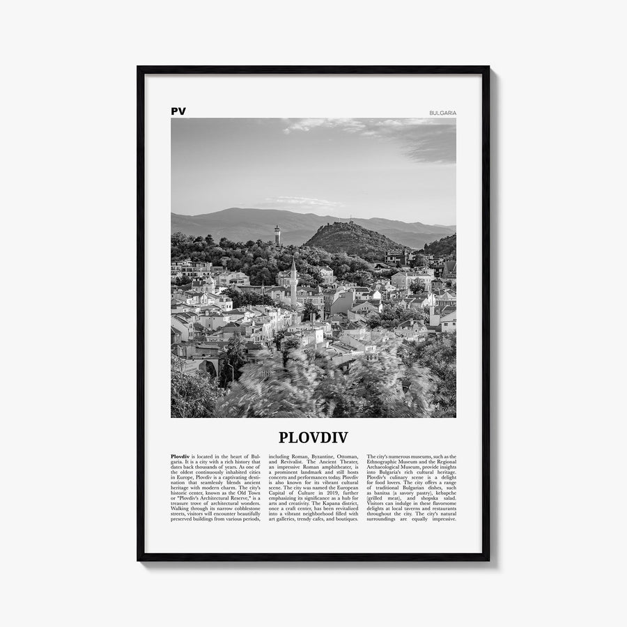 Plovdiv black & white newspaper poster of Bulgaria – vertical wall art, unframed print shown in interior mockup