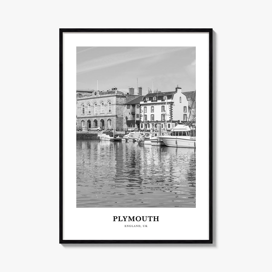 Plymouth black & white classic poster of United Kingdom – vertical wall art, unframed print shown in interior mockup