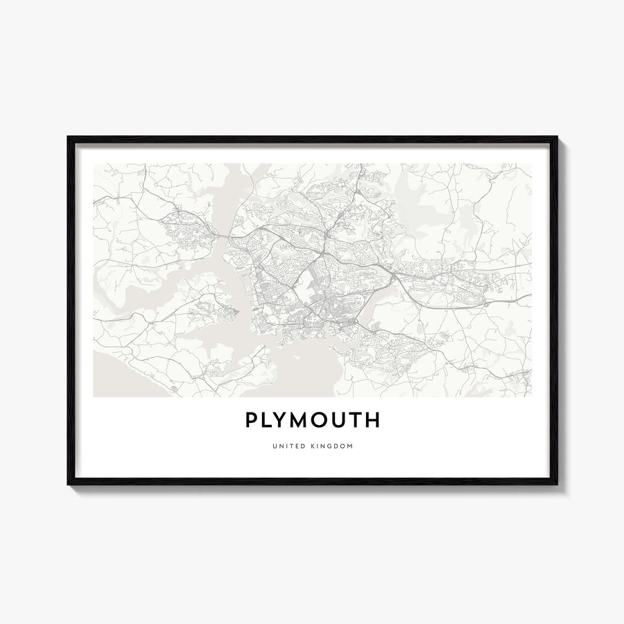 Plymouth black & white map poster of United Kingdom – horizontal wall art, unframed print shown in interior mockup