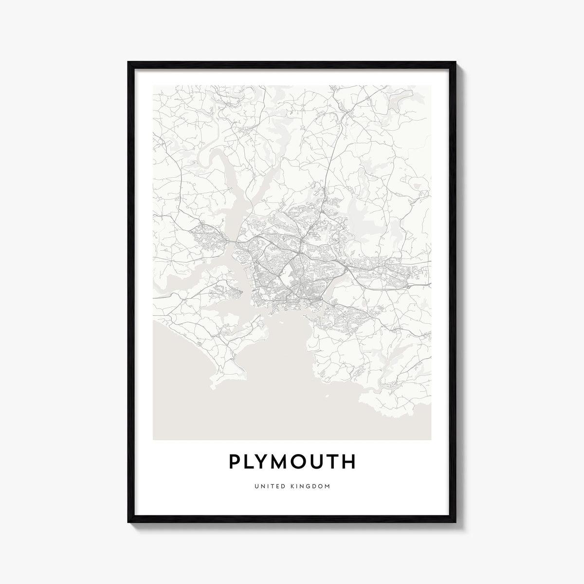Plymouth black & white map poster of United Kingdom – vertical wall art, unframed print shown in interior mockup
