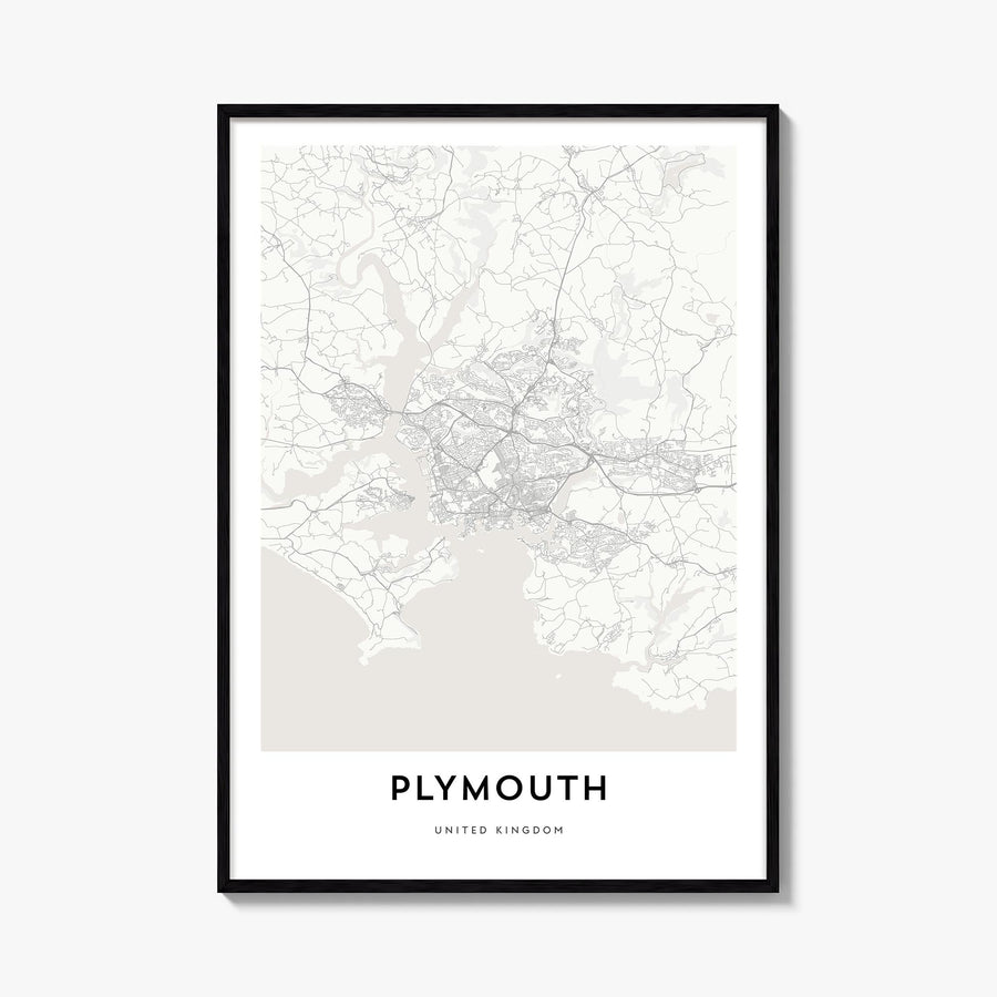 Plymouth black & white map poster of United Kingdom – vertical wall art, unframed print shown in interior mockup