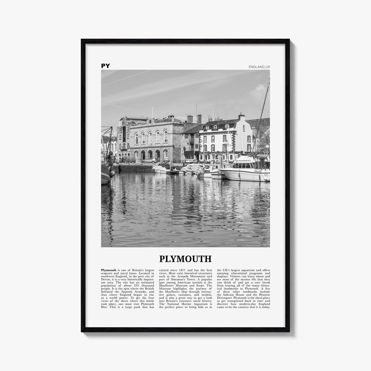 Plymouth black & white newspaper poster of United Kingdom – vertical wall art, unframed print shown in interior mockup