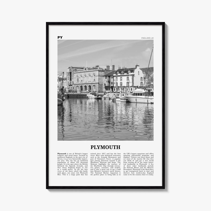 Plymouth black & white newspaper poster of United Kingdom – vertical wall art, unframed print shown in interior mockup