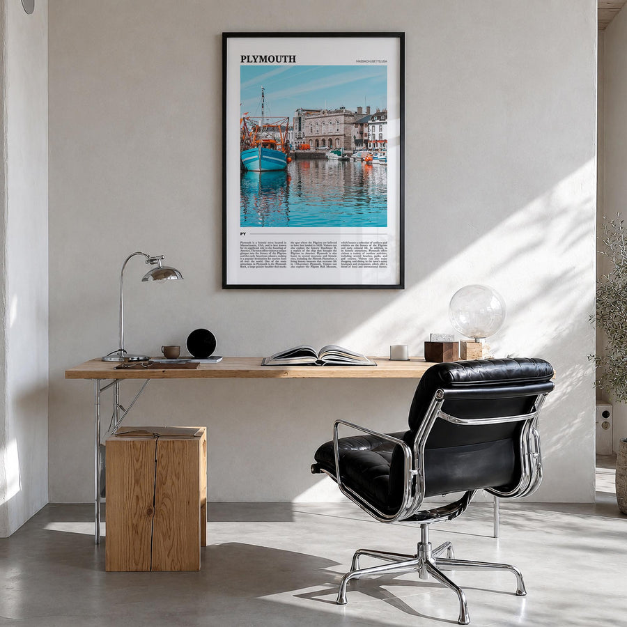 Plymouth colorful travel poster of United Kingdom – vertical wall art in black wood frame, hanging on wall
