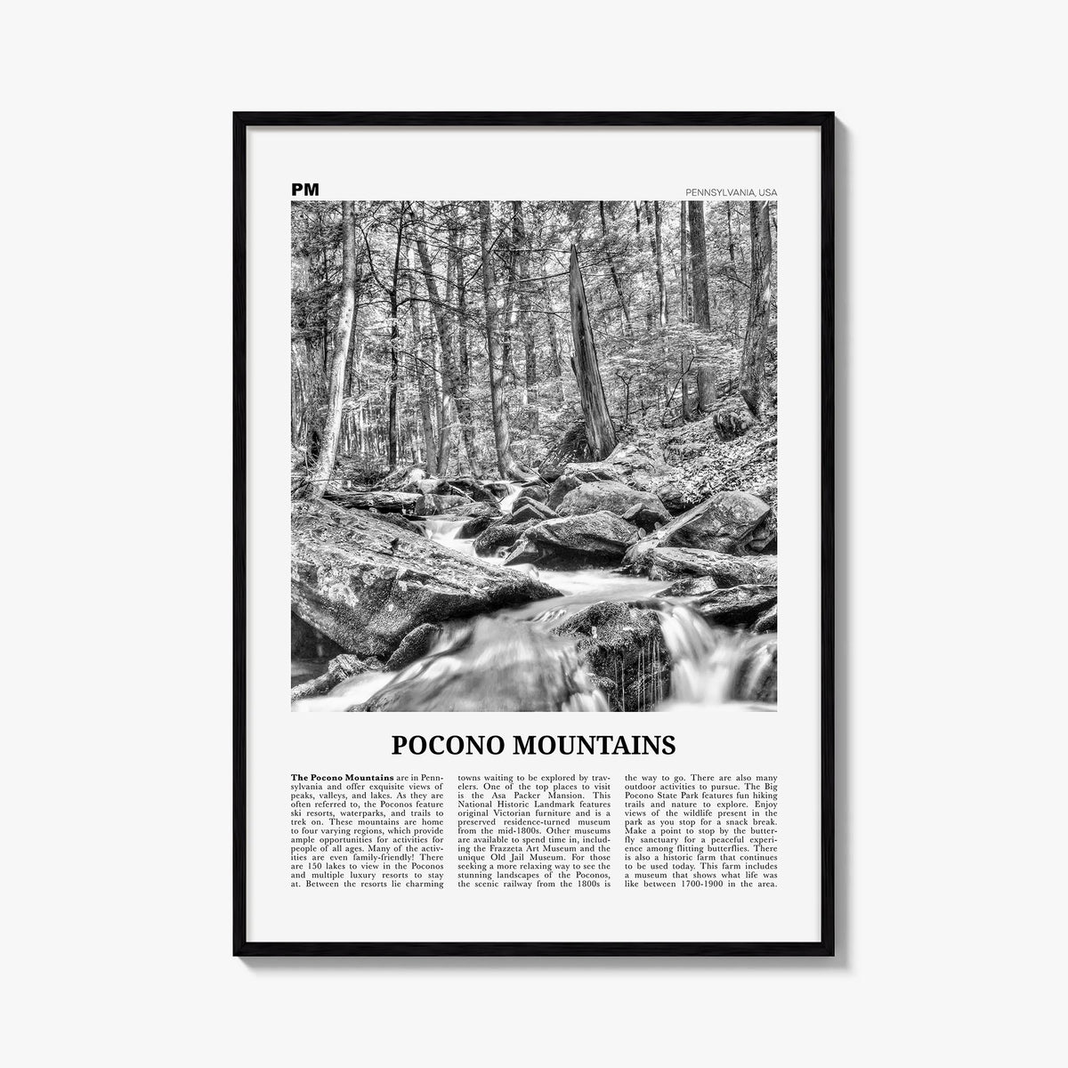 Pocono Mountains black & white newspaper poster of Pennsylvania, USA – vertical wall art, unframed print shown in interior mo