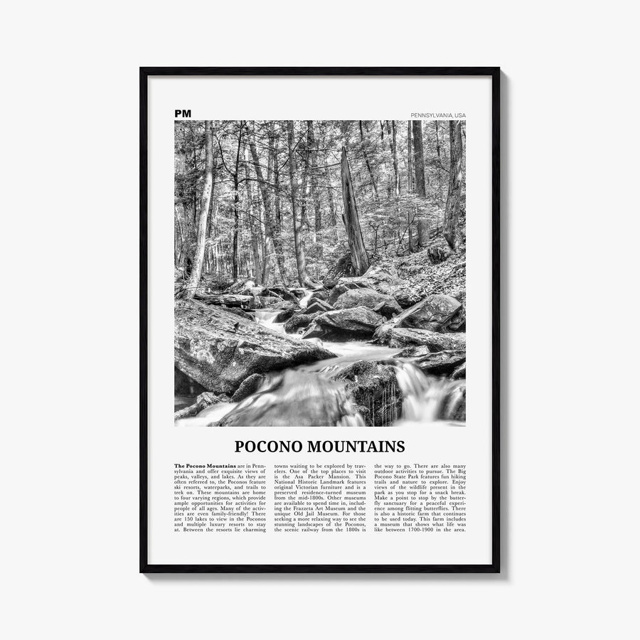 Pocono Mountains black & white newspaper poster of Pennsylvania, USA – vertical wall art, unframed print shown in interior mo