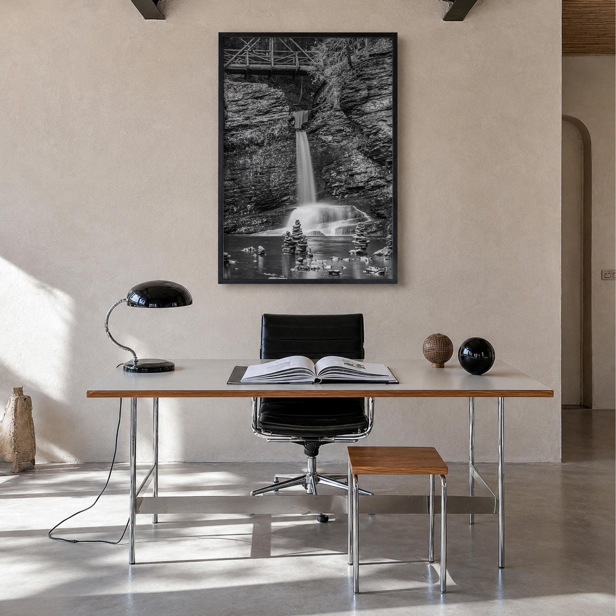 Pocono Mountains black & white photo poster of Pennsylvania, USA – vertical wall art in black wood frame, hanging on wall