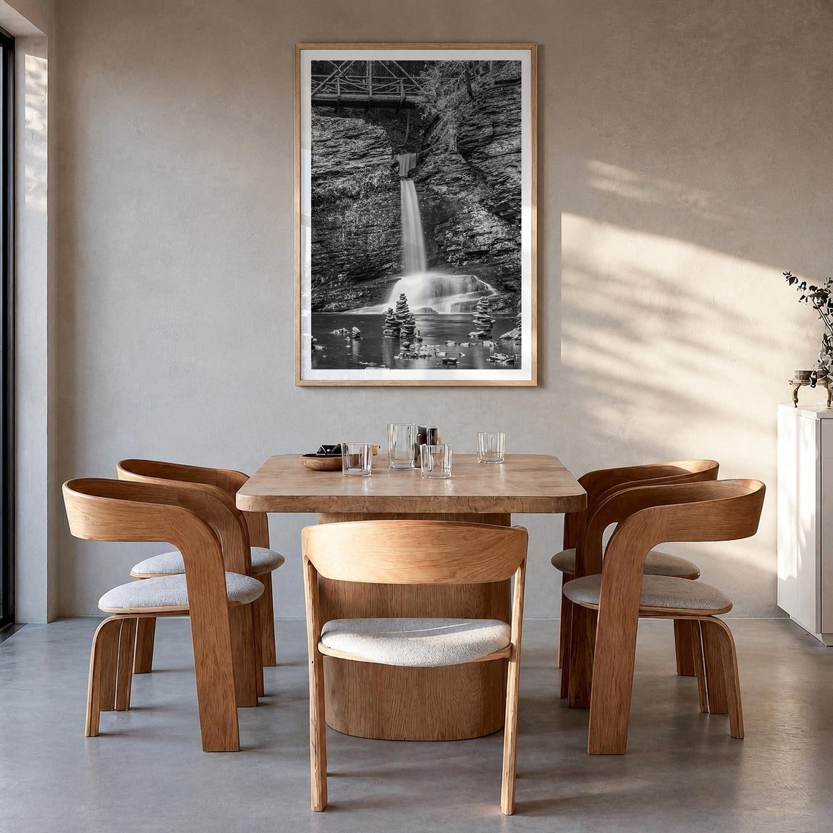Pocono Mountains black & white photo poster of Pennsylvania, USA – vertical wall art in natural wood frame with white border,