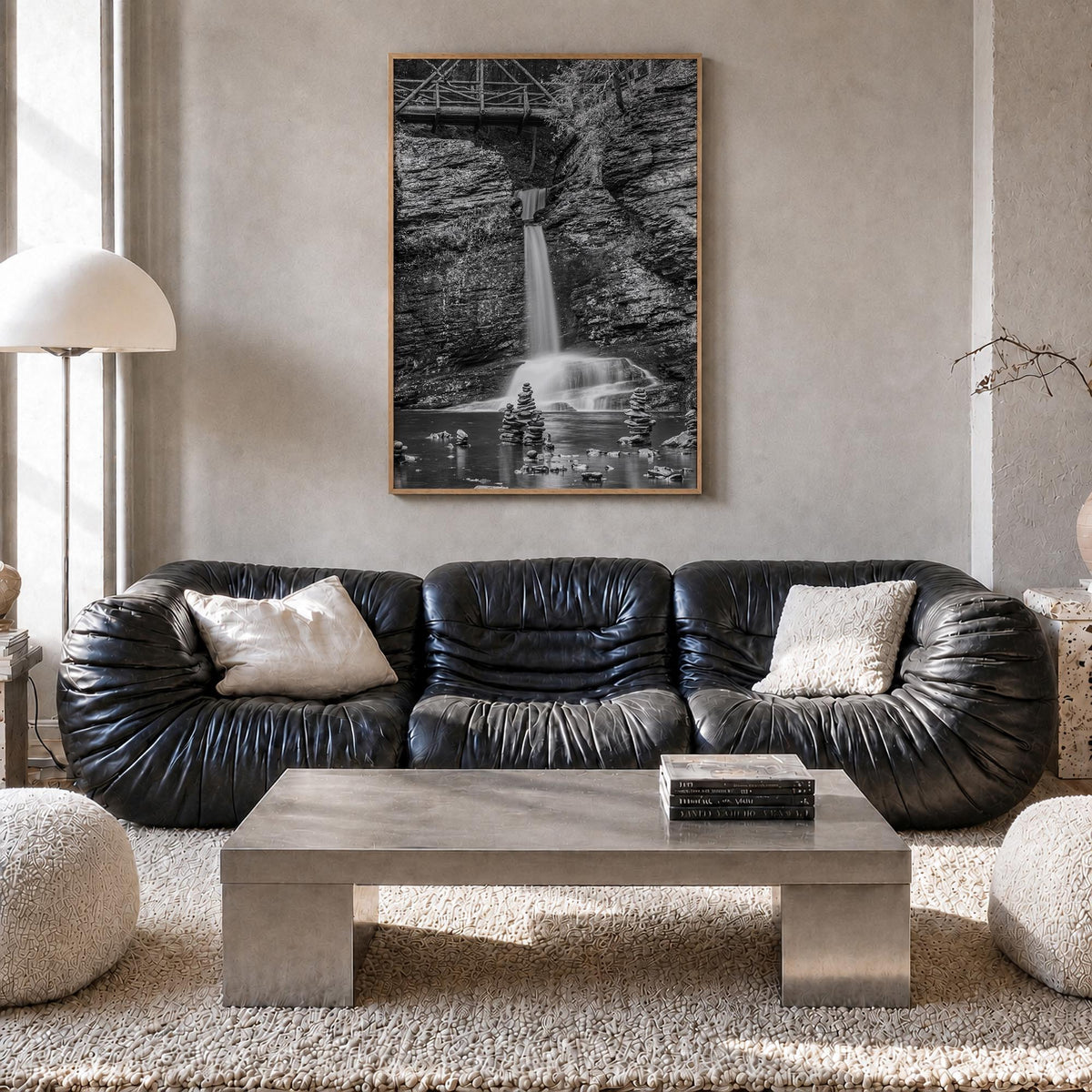 Pocono Mountains black & white photo poster of Pennsylvania, USA – vertical wall art in natural wood frame, hanging on wall