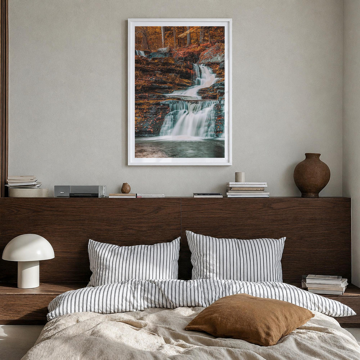 Pocono Mountains colorful photo poster of Pennsylvania, USA – vertical wall art in white wood frame with white border, hangin