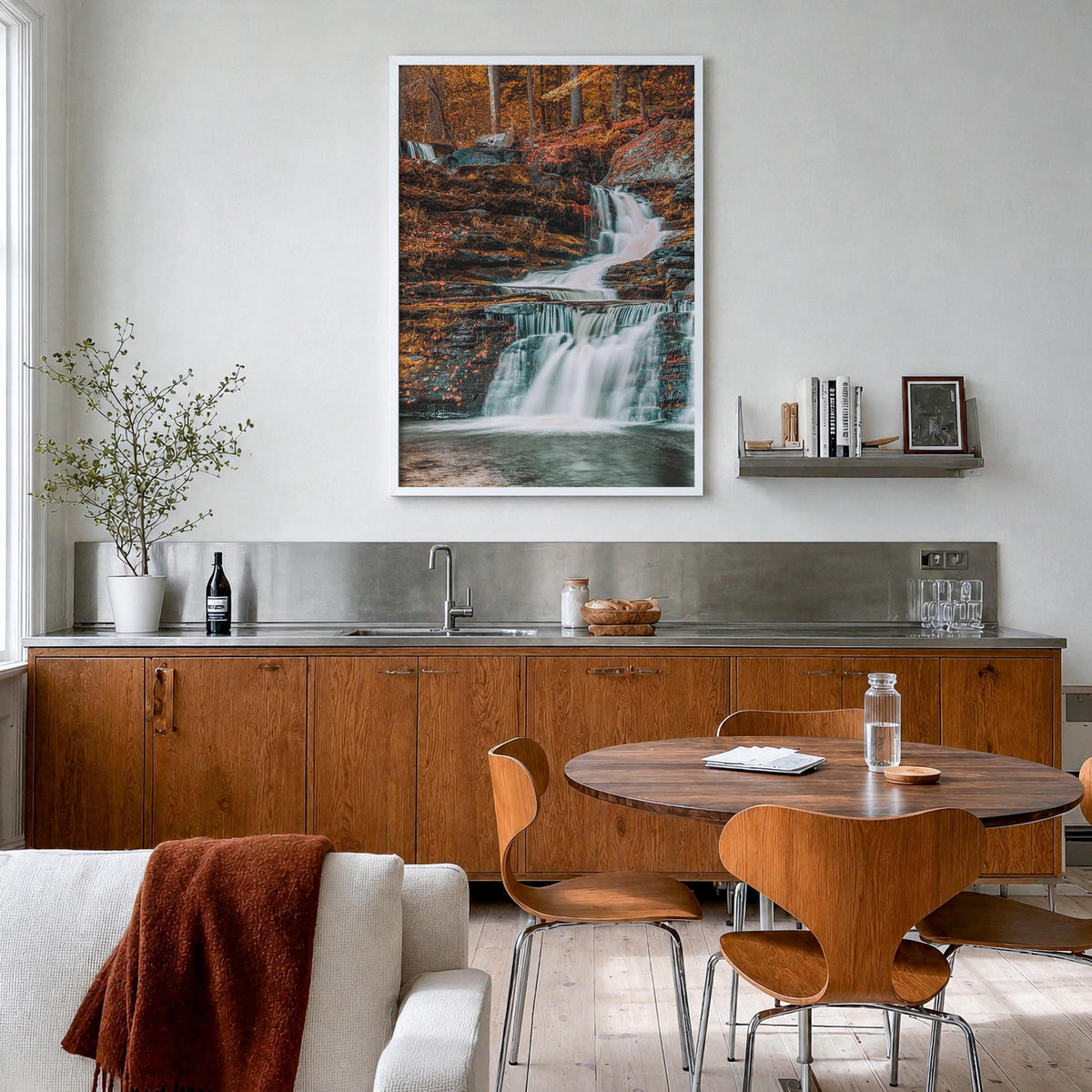 Pocono Mountains colorful photo poster of Pennsylvania, USA – vertical wall art in white wood frame, hanging on wall