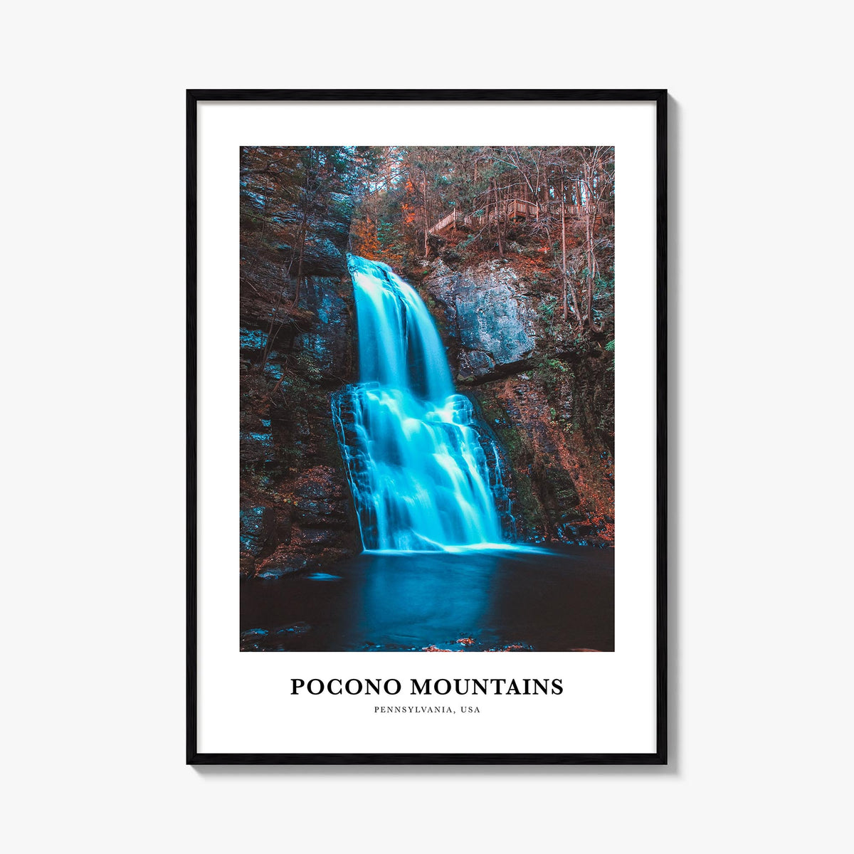 Pocono Mountains no. 1 colorful classic poster of Pennsylvania, USA – vertical wall art, unframed print shown in interior moc