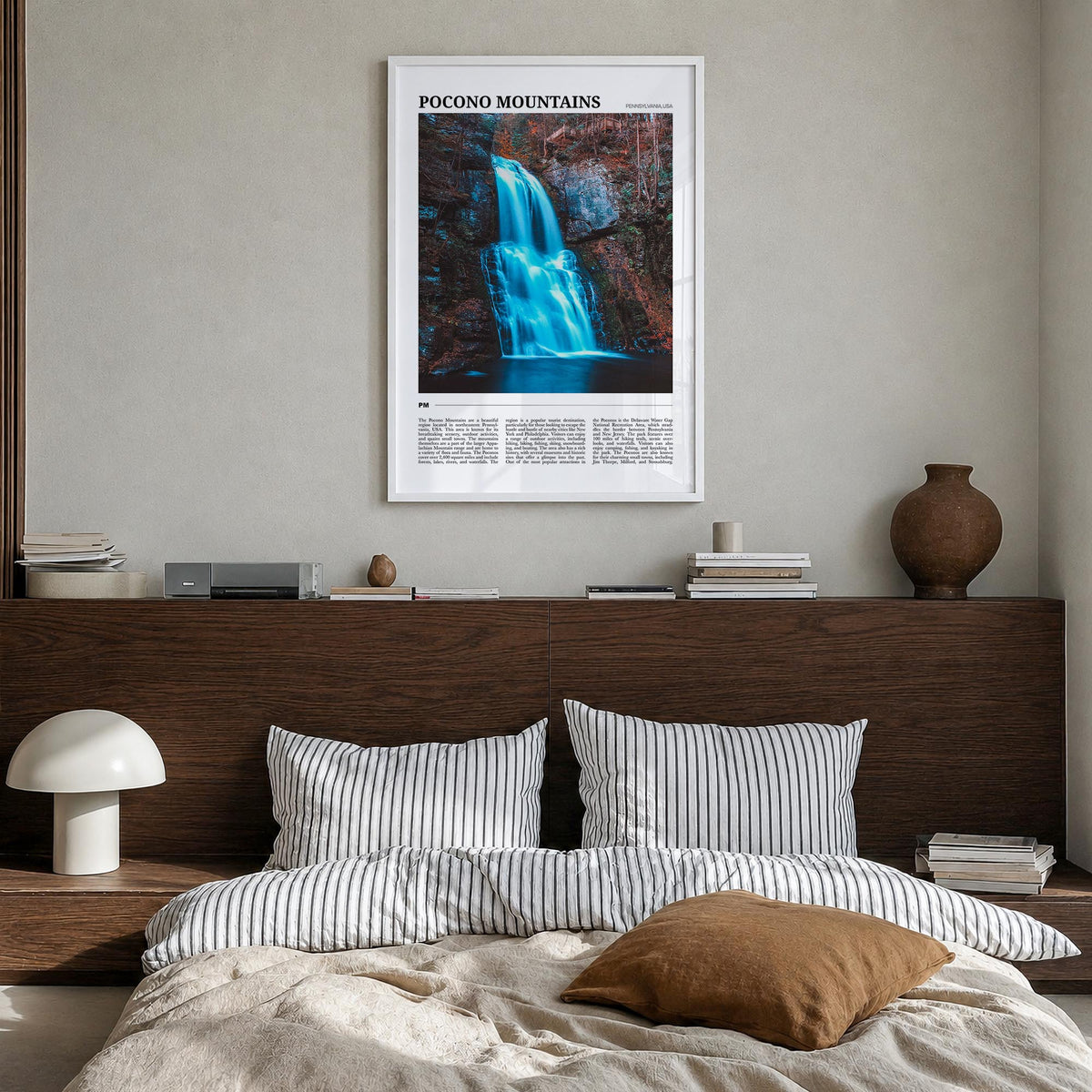 Pocono Mountains no. 1 colorful travel poster of Pennsylvania, USA – vertical wall art in white wood frame, hanging on wall