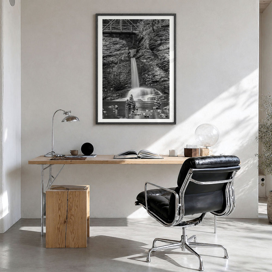 Pocono Mountains Photo Poster in a black wood frame, hanging in a bright home office, white border