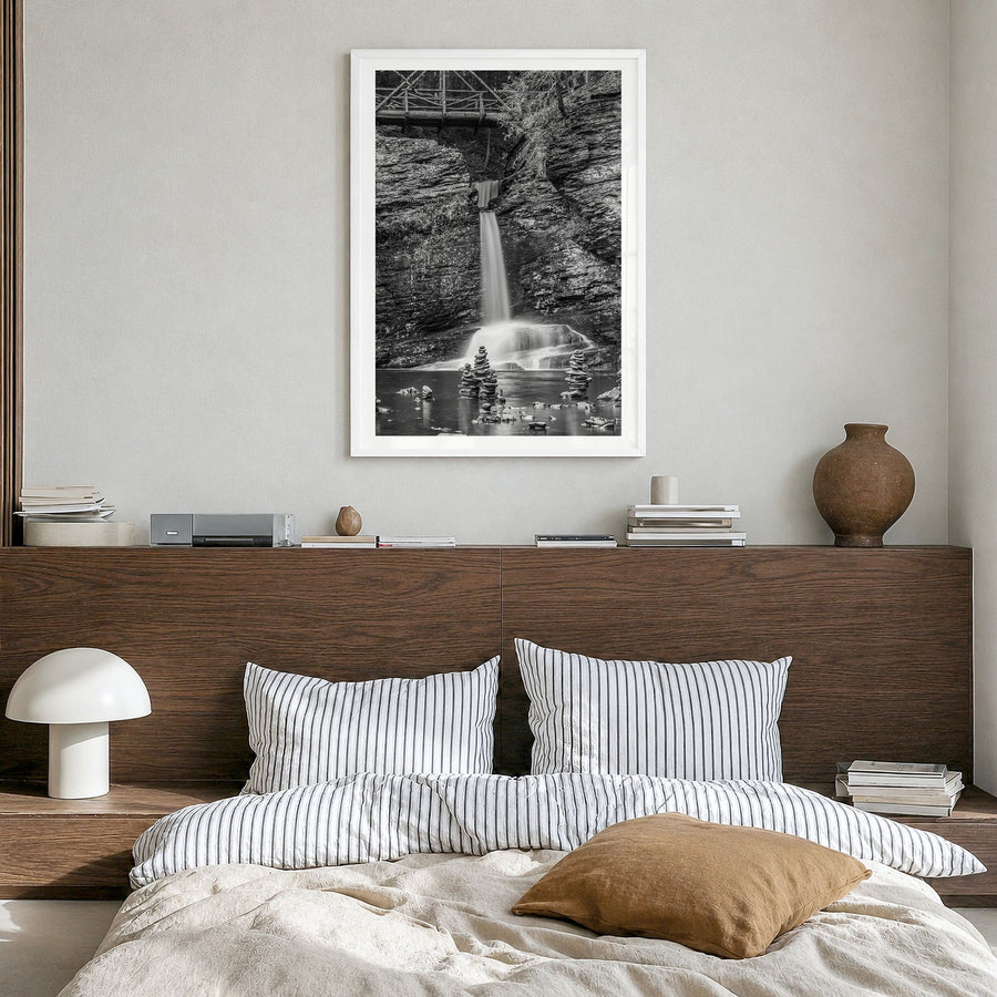 Pocono Mountains Photo Poster in a white wood frame, hanging in a bedroom, white border