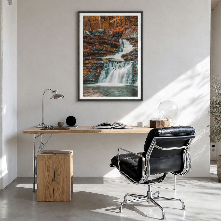 Pocono Mountains Photo Poster in a black wood frame, hanging in a bright home office, white border
