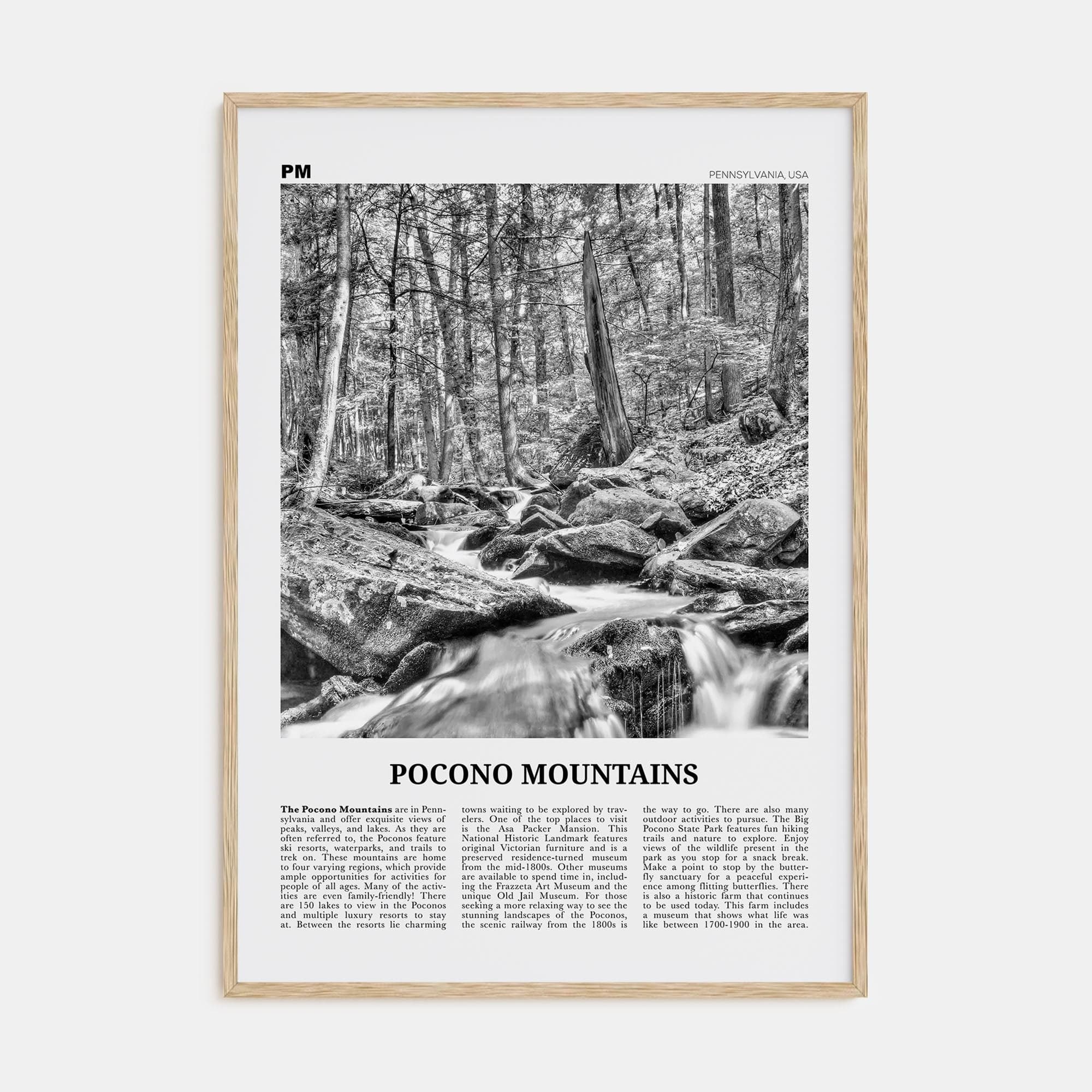 Pocono Mountains Poster Natural Wood / 8x12 in Nbourhood Travel B&W Poster