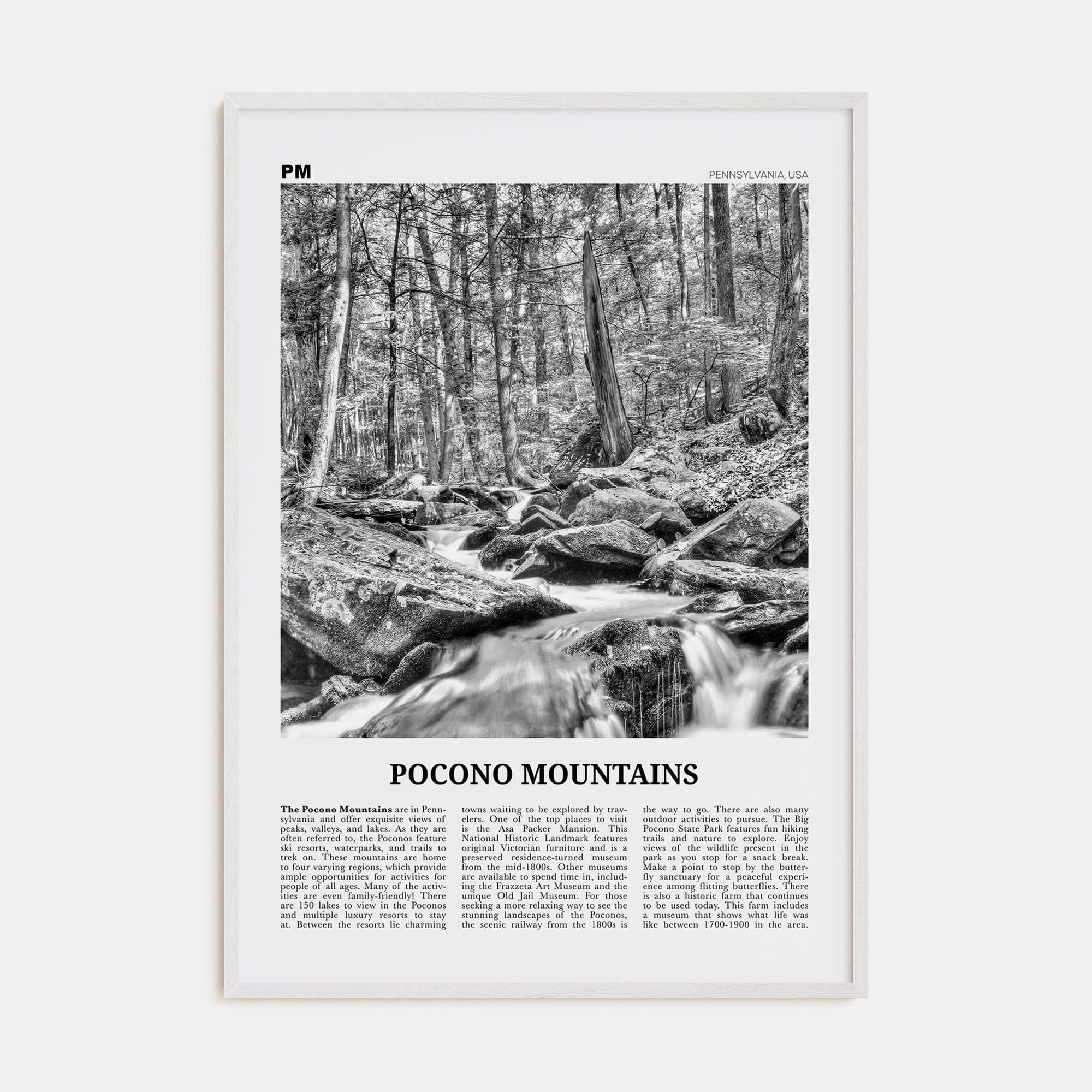 Pocono Mountains Poster White Wood / 8x12 in Nbourhood Travel B&W Poster