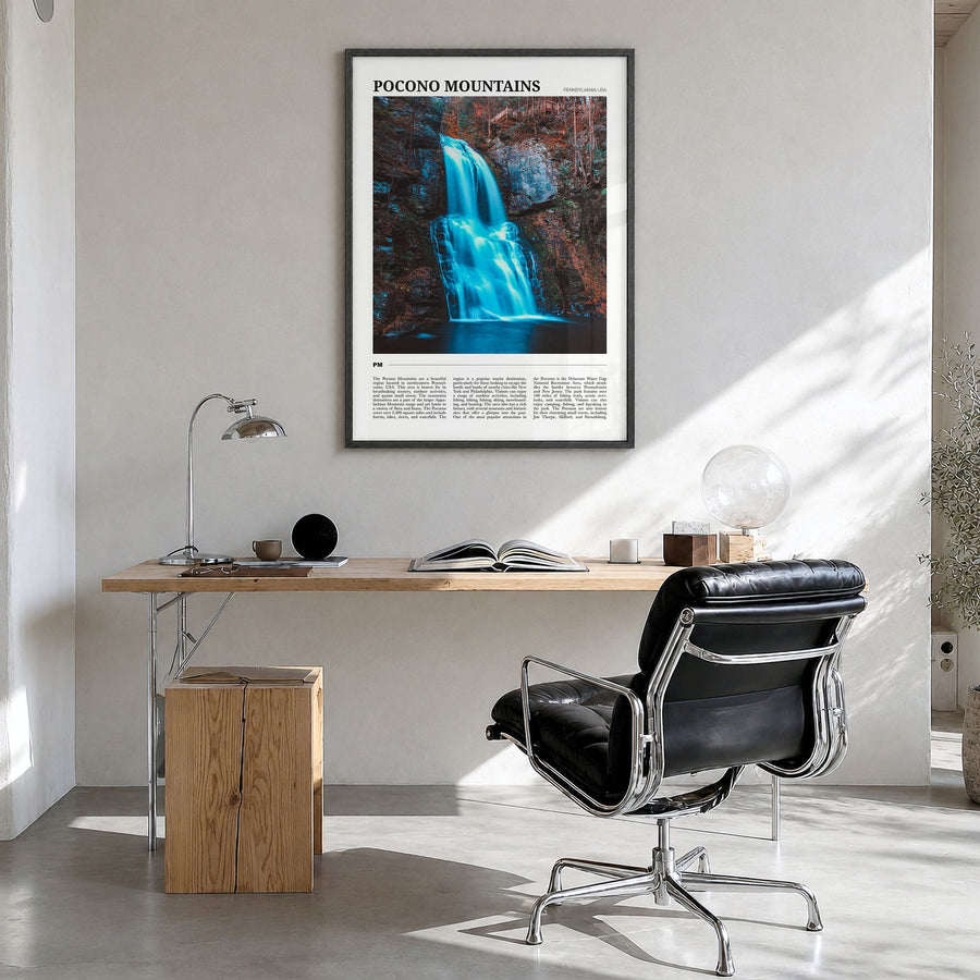 Pocono Mountains Travel No 1 Poster in a black wood frame, hanging in a bright home office