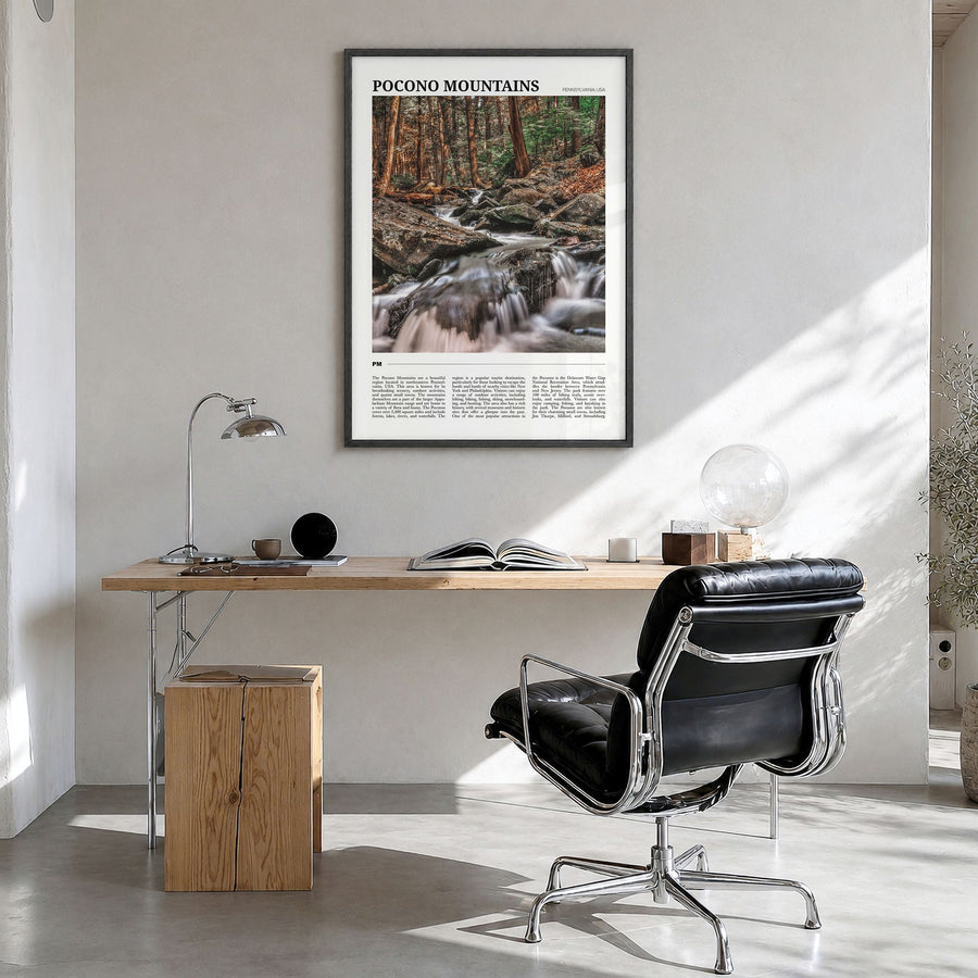 Pocono Mountains Travel No 2 Poster in a black wood frame, hanging in a bright home office