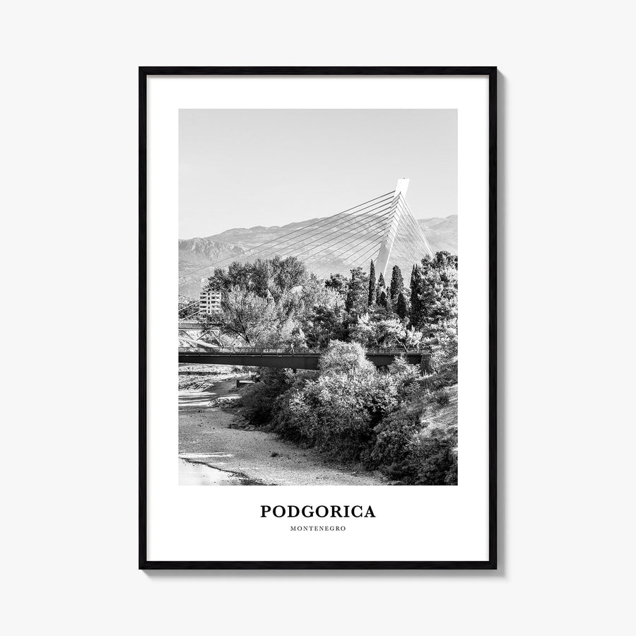 Podgorica black & white classic poster of Montenegro – vertical wall art, unframed print shown in interior mockup