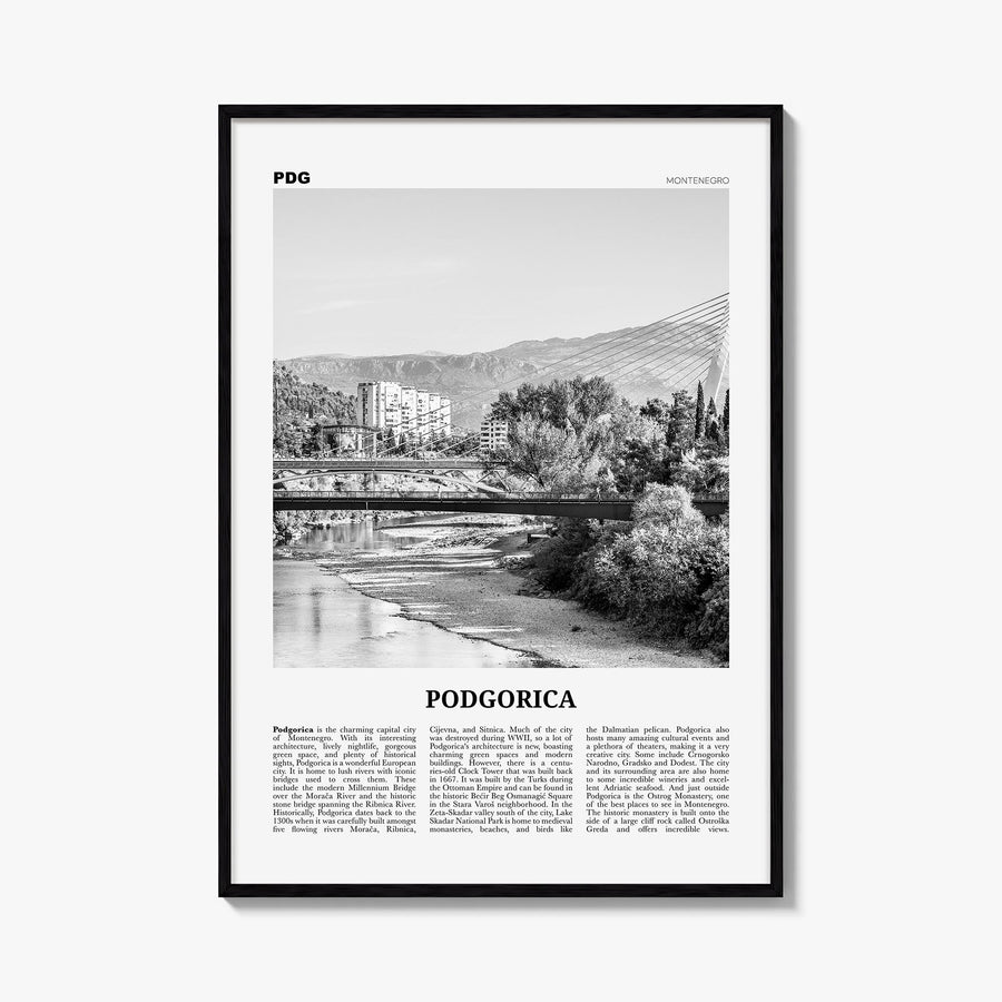 Podgorica black & white newspaper poster of Montenegro – vertical wall art, unframed print shown in interior mockup