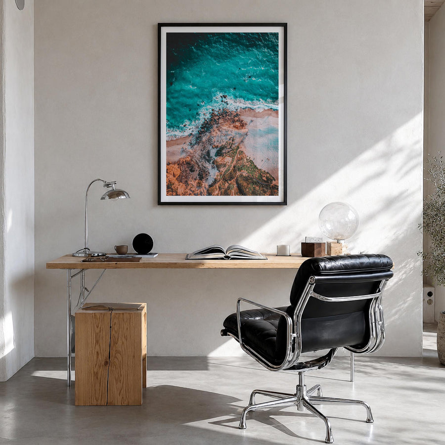 Point Dume colorful photo poster of California, USA – vertical wall art in black wood frame with white border, hanging on wal