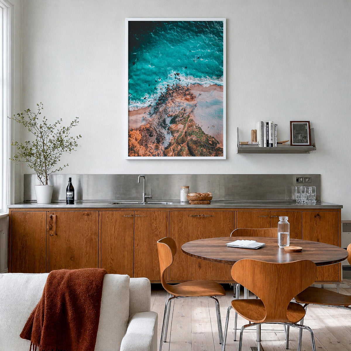 Point Dume colorful photo poster of California, USA – vertical wall art in white wood frame, hanging on wall