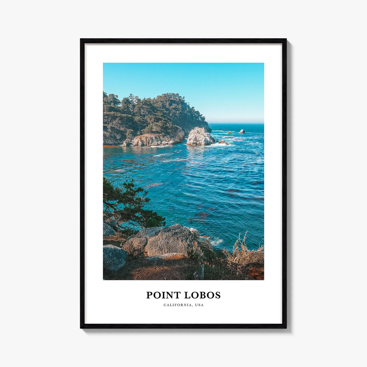 Point Lobos colorful classic poster of California, USA – vertical wall art, unframed print shown in interior mockup