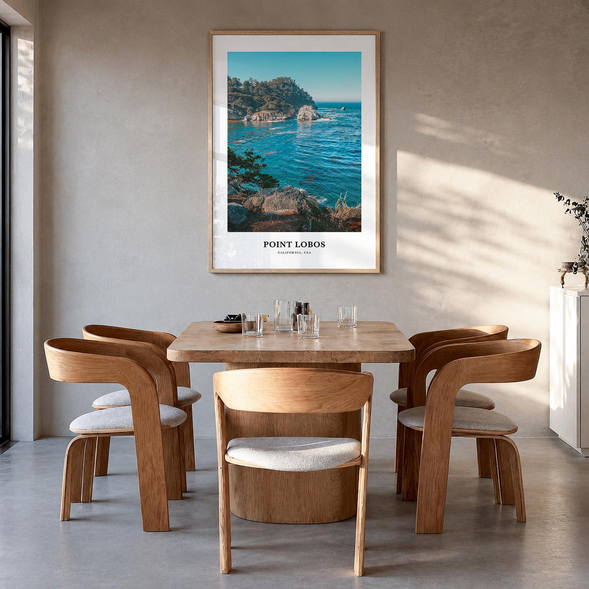 Point Lobos colorful classic poster of California, USA – vertical wall art in natural wood frame, hanging on wall