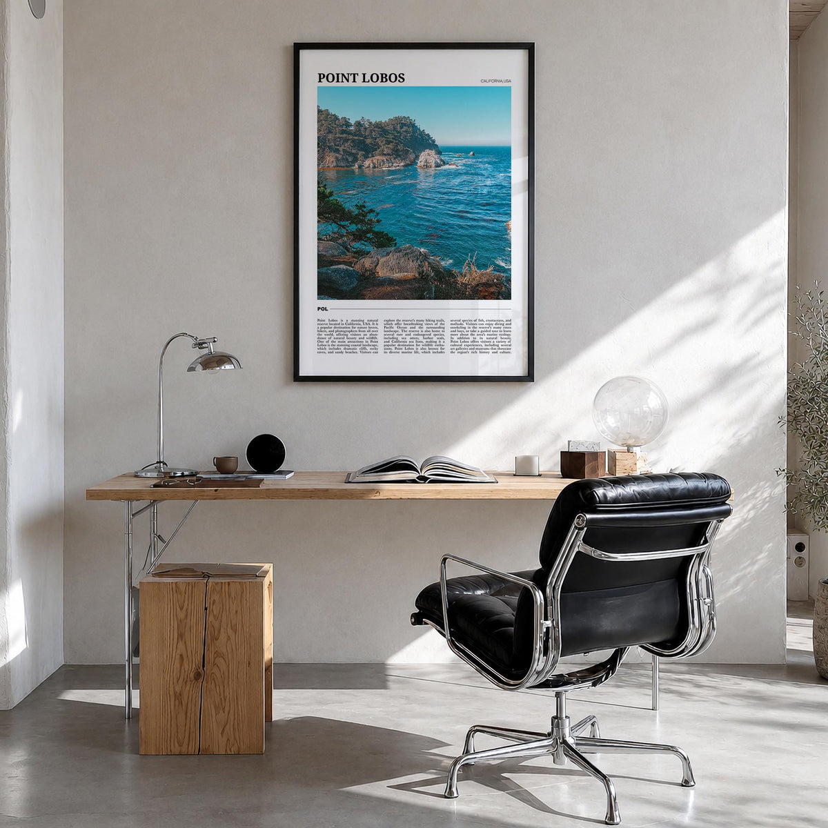 Point Lobos colorful travel poster of California, USA – vertical wall art in black wood frame, hanging on wall