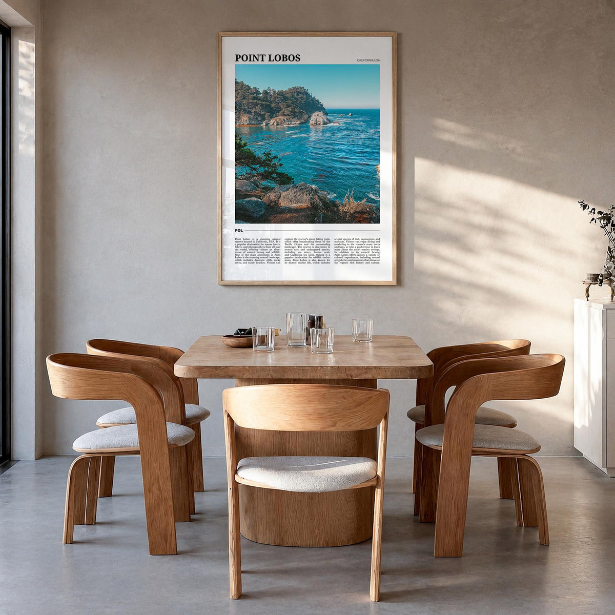 Point Lobos colorful travel poster of California, USA – vertical wall art in natural wood frame, hanging on wall
