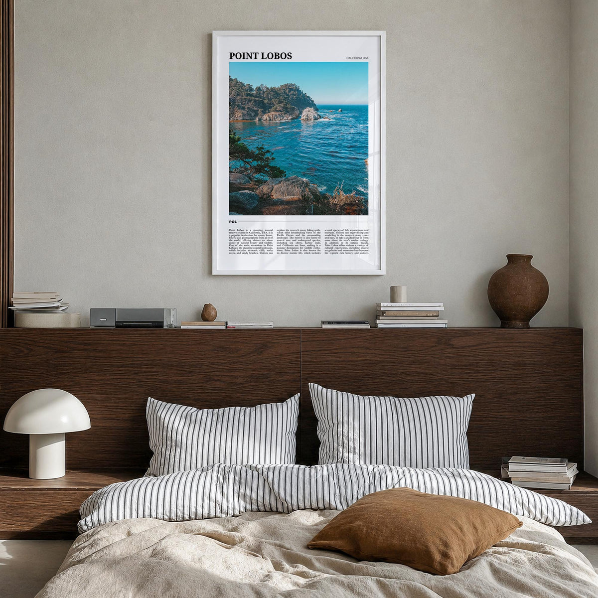 Point Lobos colorful travel poster of California, USA – vertical wall art in white wood frame, hanging on wall