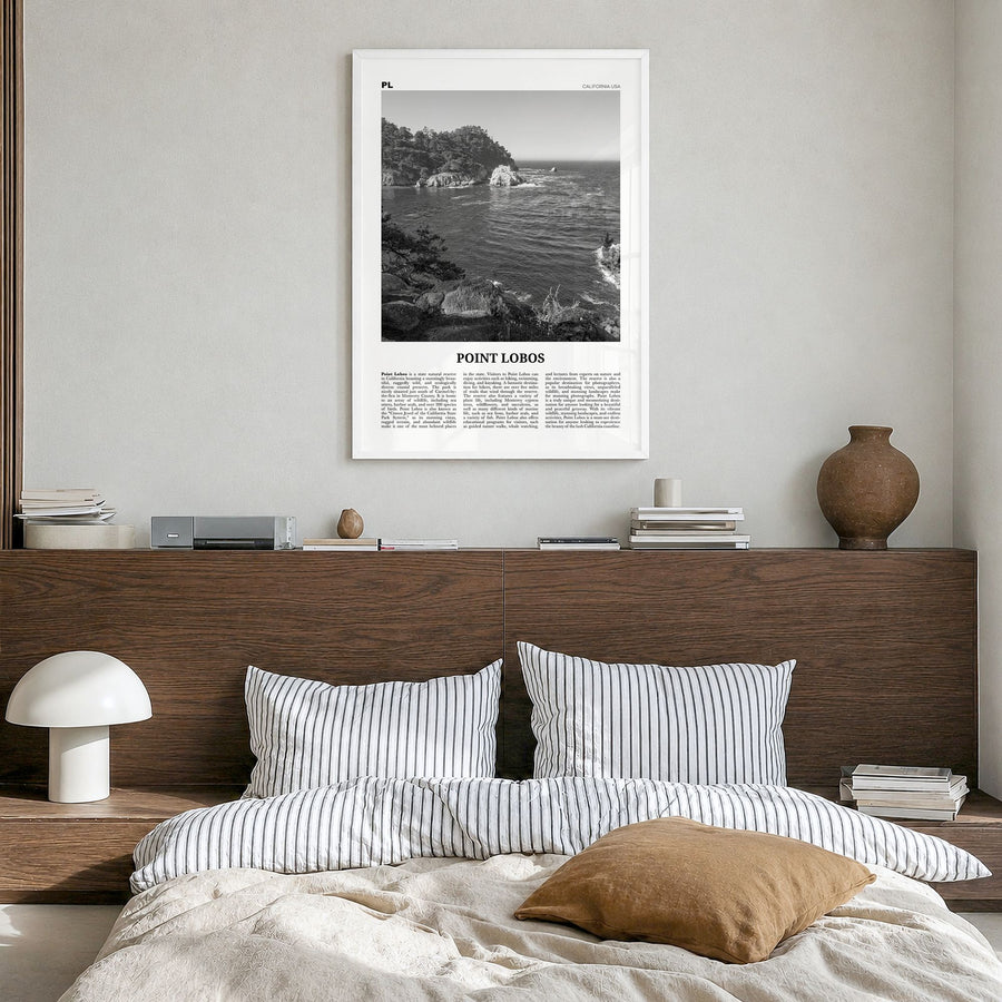 Point Lobos Newspaper Poster in a white wood frame, hanging in a bedroom