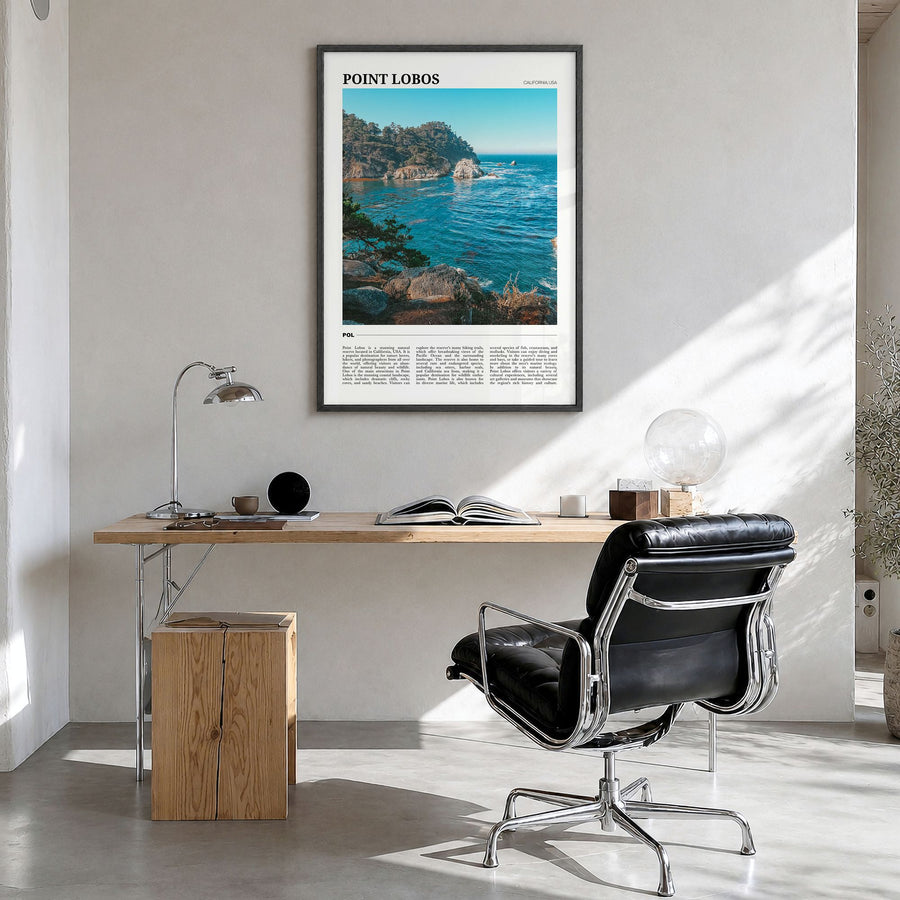 Point Lobos Travel Poster in a black wood frame, hanging in a bright home office