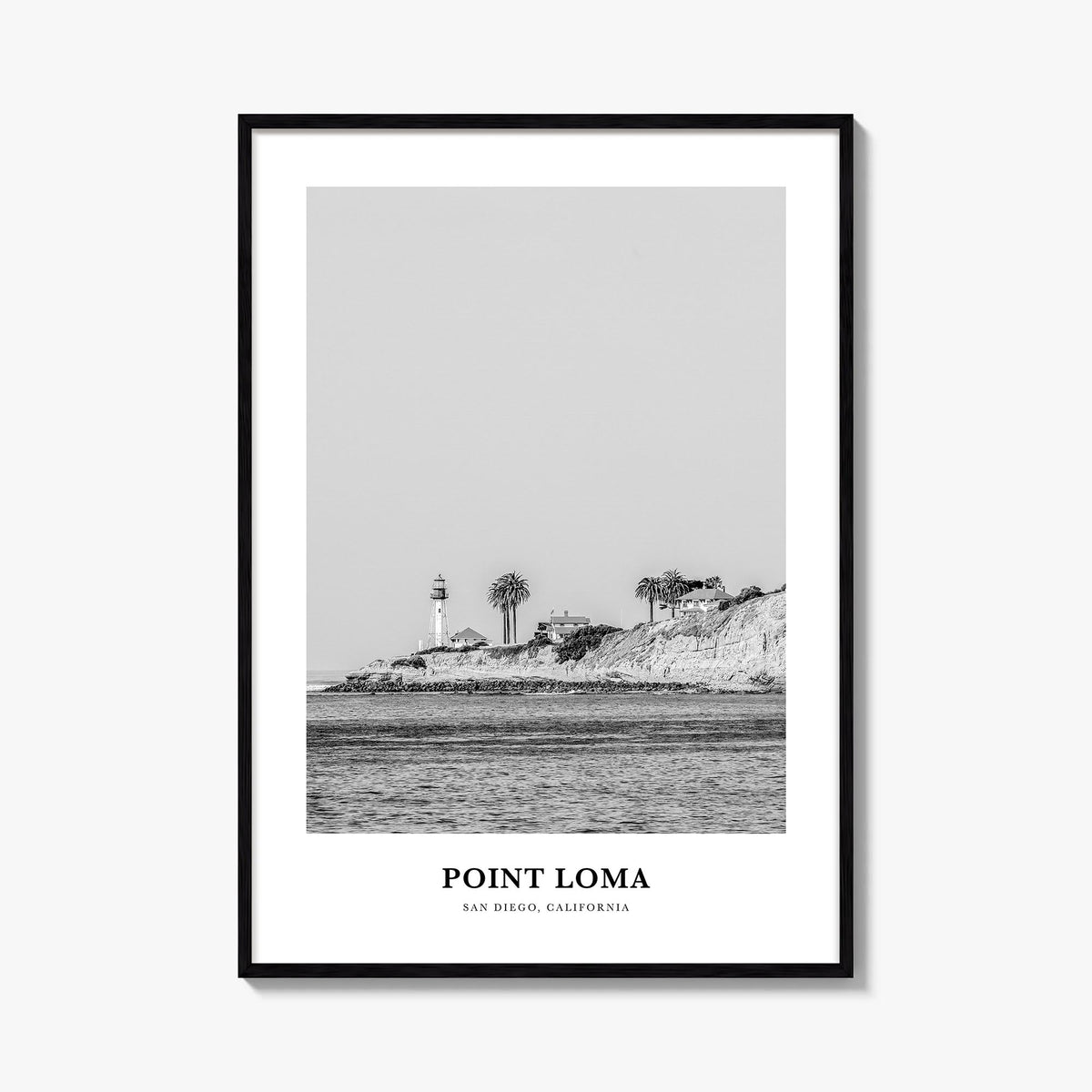 Point Loma black & white classic poster of San Diego, California – vertical wall art, unframed print shown in interior mockup