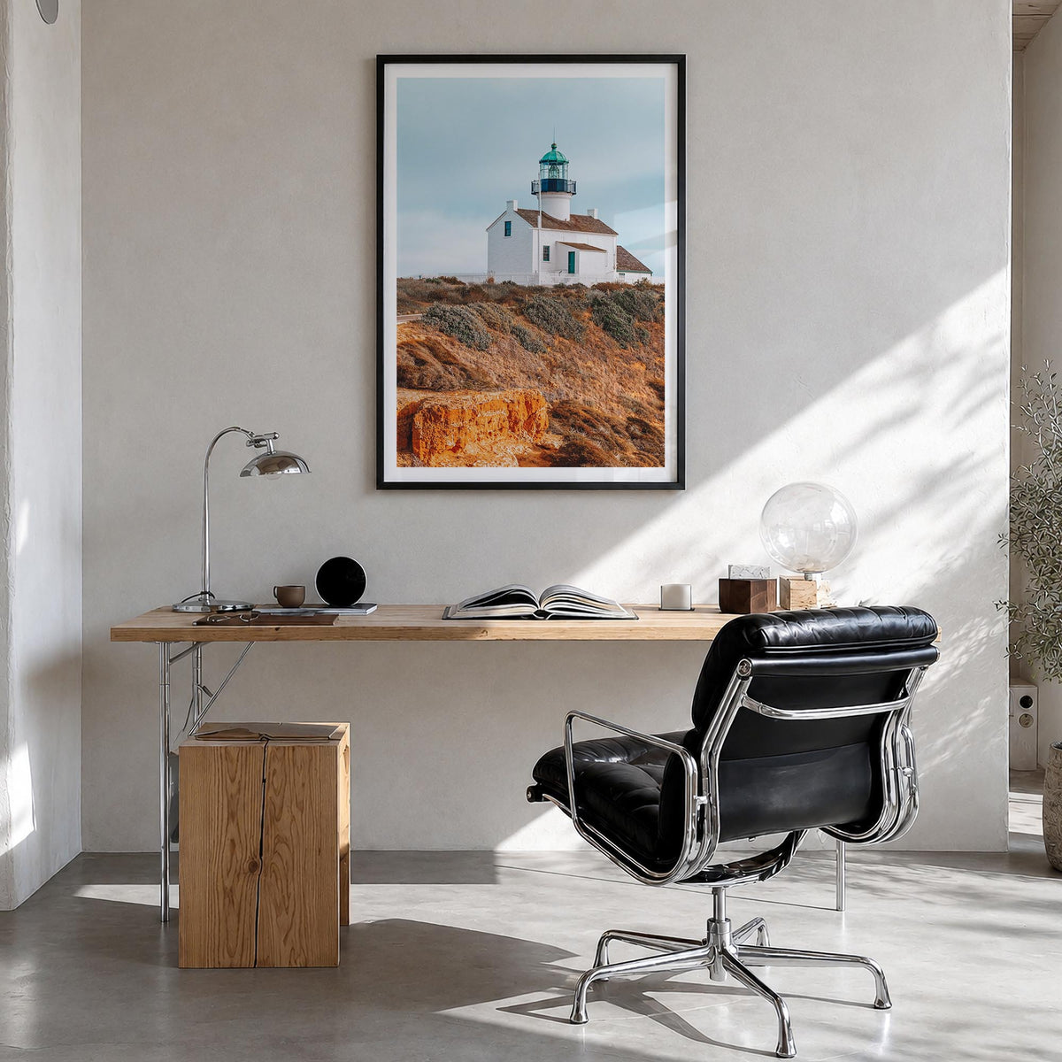 Point Loma colorful photo poster of San Diego, California – vertical wall art in black wood frame with white border, hanging 