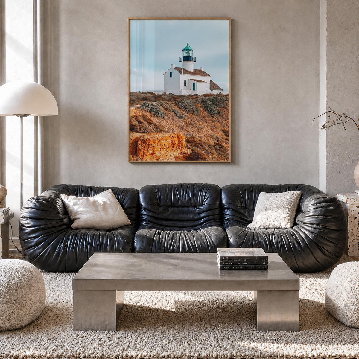 Point Loma colorful photo poster of San Diego, California – vertical wall art in natural wood frame, hanging on wall
