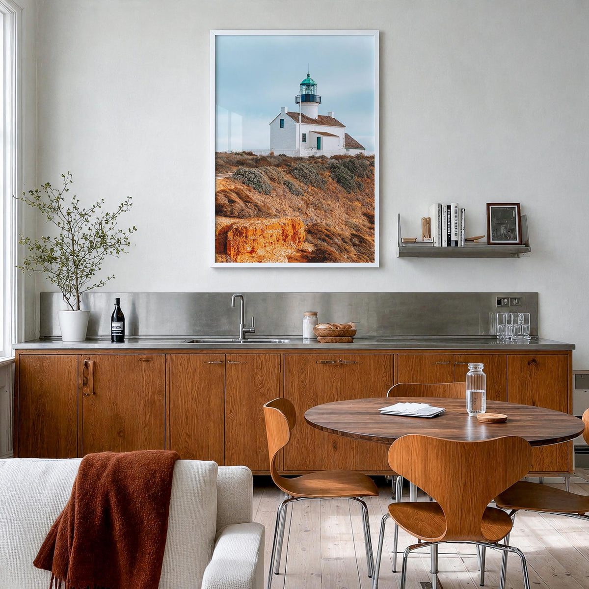 Point Loma colorful photo poster of San Diego, California – vertical wall art in white wood frame, hanging on wall