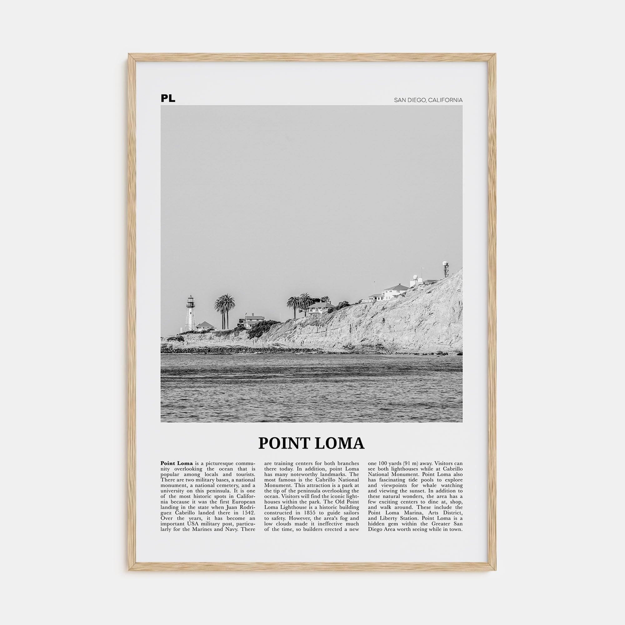 Point Loma Poster Natural Wood / 8x12 in Nbourhood Travel B&W Poster