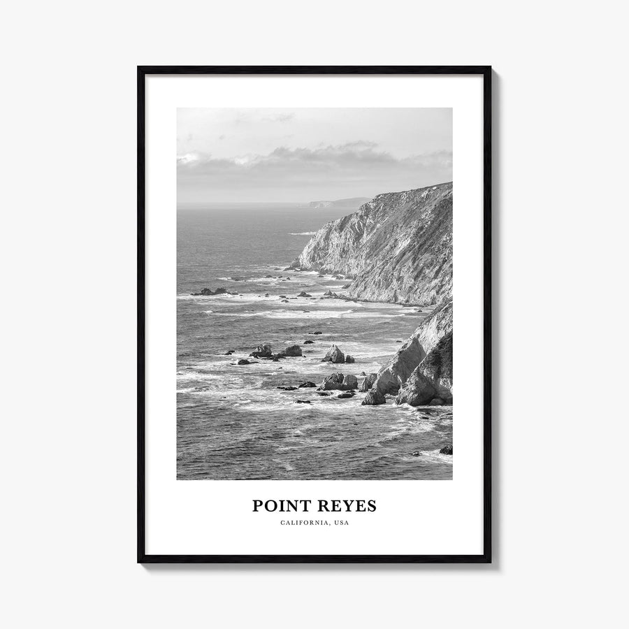 Point Reyes black & white classic poster of California, USA – vertical wall art, unframed print shown in interior mockup