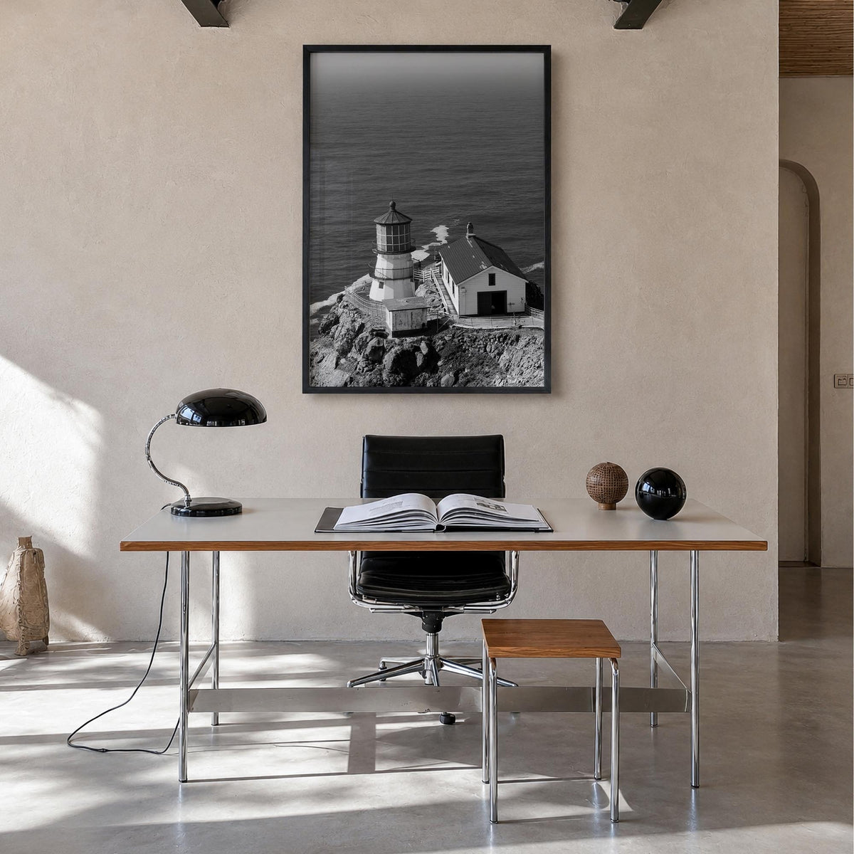 Point Reyes black & white photo poster of California, USA – vertical wall art in black wood frame, hanging on wall