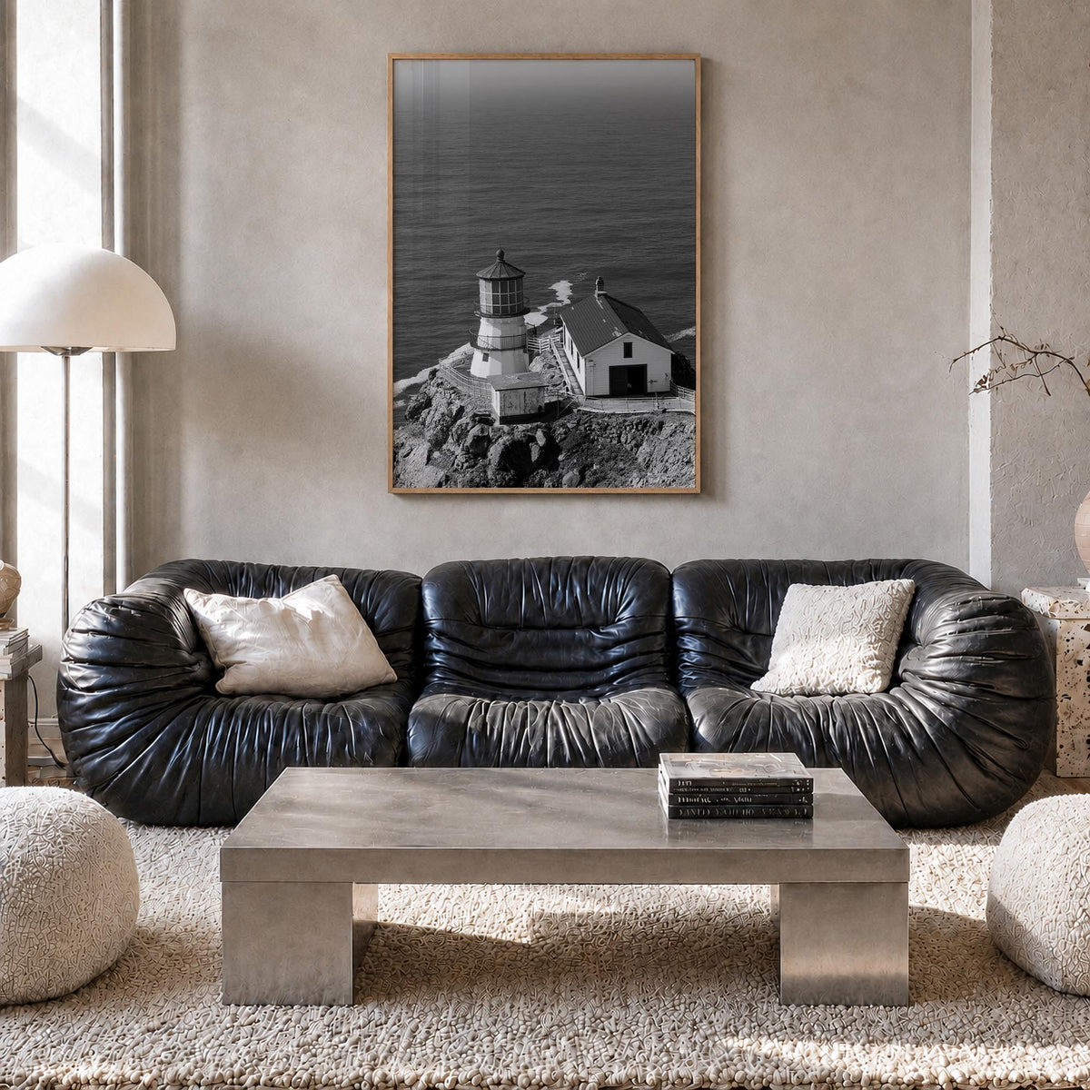 Point Reyes black & white photo poster of California, USA – vertical wall art in natural wood frame, hanging on wall