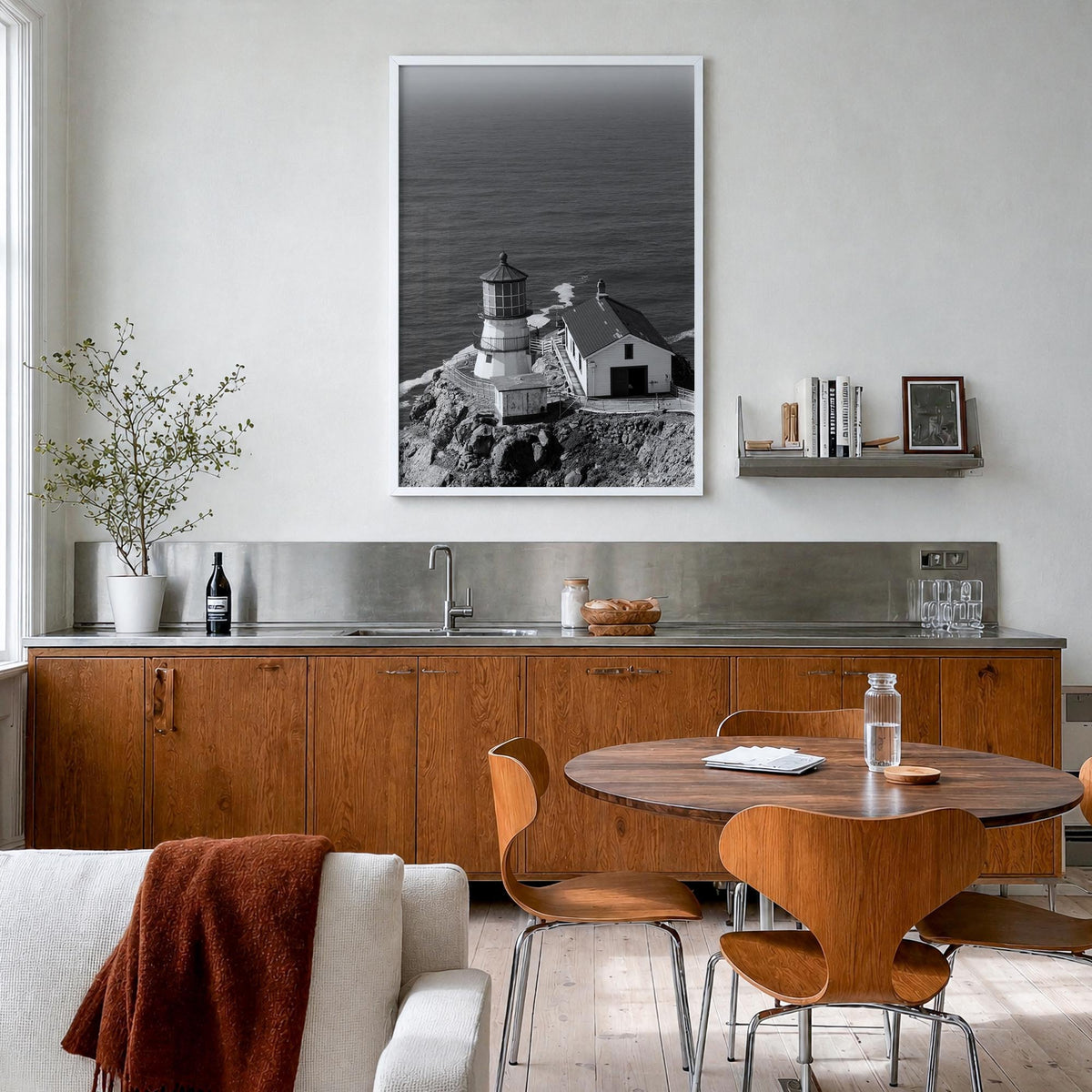Point Reyes black & white photo poster of California, USA – vertical wall art in white wood frame, hanging on wall