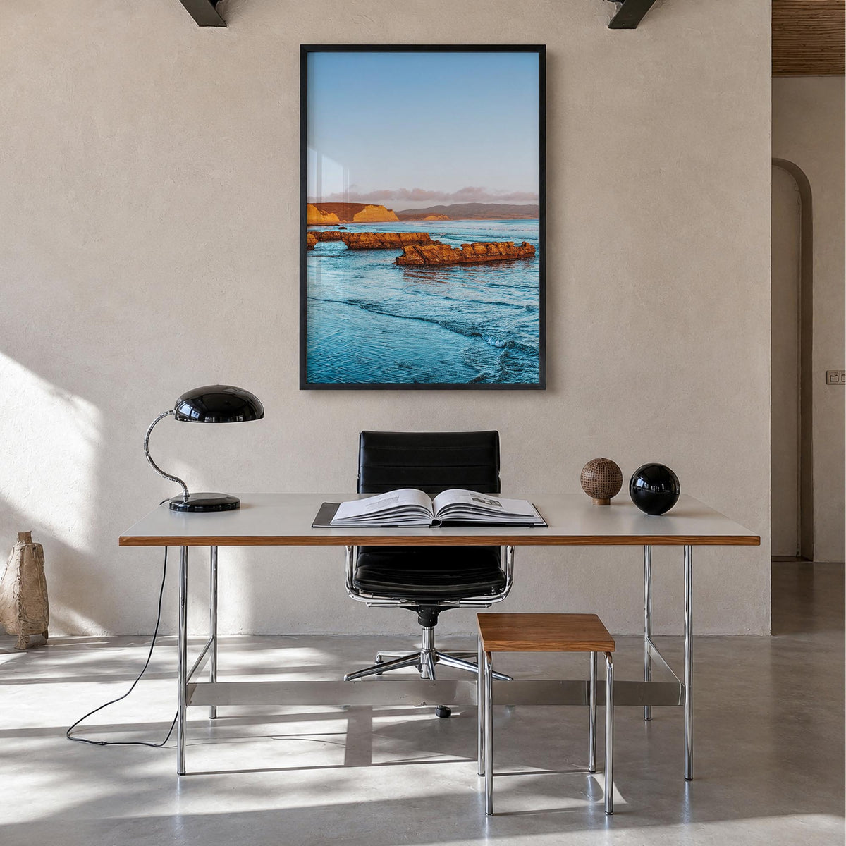 Point Reyes no. 2 colorful photo poster of California, USA – vertical wall art in black wood frame, hanging on wall