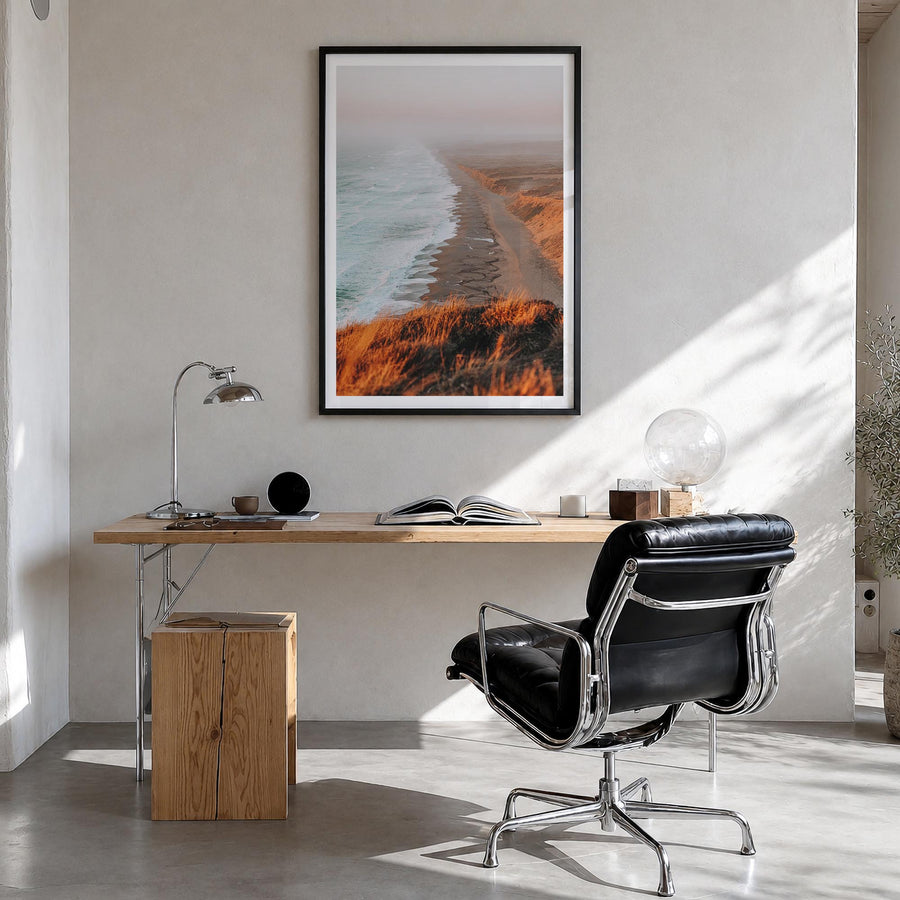 Point Reyes no. 1 colorful photo poster of California, USA – vertical wall art in black wood frame with white border, hanging