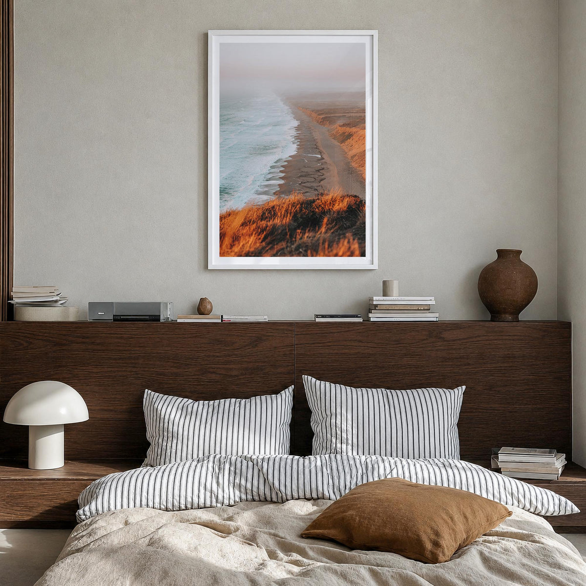 Point Reyes no. 1 colorful photo poster of California, USA – vertical wall art in white wood frame with white border, hanging