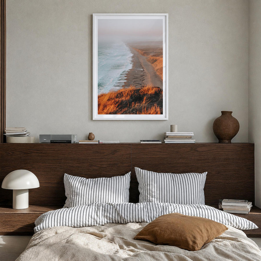 Point Reyes no. 1 colorful photo poster of California, USA – vertical wall art in white wood frame with white border, hanging